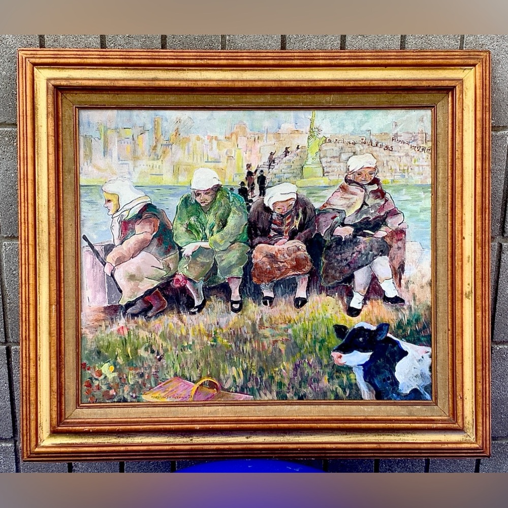 1993 Vtg Mary Van Antwerpen Framed Acrylic on Canvas “To The City With A Future”